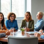Board members discussing in a bright, modern office.
