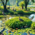 Lush wetlands with diverse plants and birds in habitat.