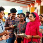 NGO workers collaborating with entrepreneurs in a vibrant marketplace.