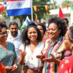 Diverse people discussing democracy outdoors with colorful flags.