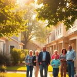 Families enjoying their affordable housing community in sunlight.