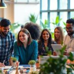 Entrepreneurs collaborating in a modern, vibrant workspace.