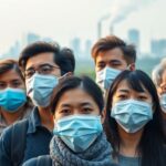 People in masks against a polluted urban background.