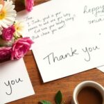 Handwritten thank you letters on a wooden table.