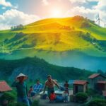 Lush green landscapes with renewable energy sources and communities.