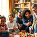 Diverse children and caregivers interacting in a cozy setting.