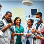 Diverse healthcare professionals collaborating in a medical setting.