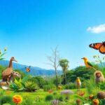 Diverse plants and animals in a lush, natural environment.
