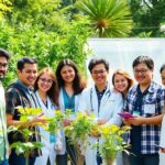 Diverse researchers collaborating outdoors for sustainability initiatives.