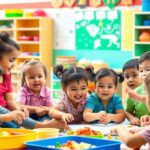 Diverse children playing and learning in a bright classroom.