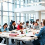 Diverse scholars collaborating in a modern research facility.