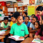 Diverse students collaborating in a lively classroom setting.