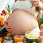 Pregnant woman with fruits and supplements for nutrition.