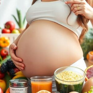 Pregnant woman with fruits and supplements for nutrition.
