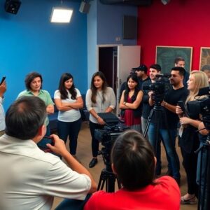 Filmmakers discussing social justice in a vibrant studio.
