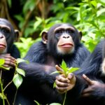 Chimpanzees playing in a lush green sanctuary environment.
