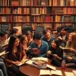 Diverse writers discussing in a cozy, book-filled environment.