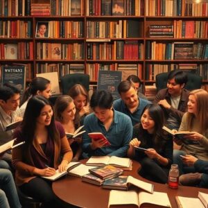 Diverse writers discussing in a cozy, book-filled environment.