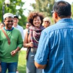 Diverse community members discussing climate adaptation strategies outdoors.