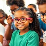 Students receiving eye check-ups and wearing glasses.