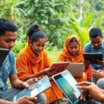 Remote community using digital devices in a lush setting.