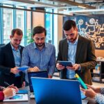Modern workspace with professionals and digital technology.