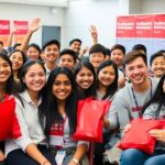 Students donating blood in a lively university event.