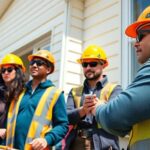 Diverse workers in safety gear retrofitting a building.