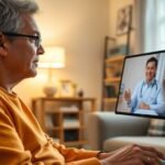 Person in home video call with healthcare provider.