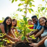 Diverse group planting trees in a green landscape.