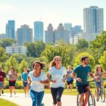 Diverse people exercising in a lively urban park.