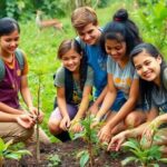 Young conservationists planting trees in a green landscape.