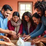 Diverse group working together to help people in need.