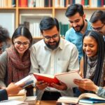 Diverse scholars collaborating in an academic environment.