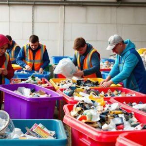 Workers managing waste materials in Ukraine's recycling initiative.
