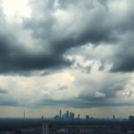 City skyline under dark clouds, reflecting geopolitical tension.