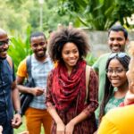 Group of diverse people discussing in a green park.