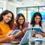 Diverse women collaborating with technology in a modern workspace.