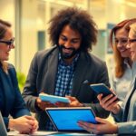Professionals collaborating in a modern workplace setting.