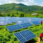Solar panels in a green landscape with people engaged.