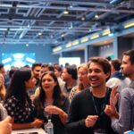 Excited crowd at a tech event, networking and engaging.