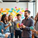 Diverse entrepreneurs brainstorming in a modern office.