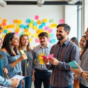 Diverse entrepreneurs brainstorming in a modern office.