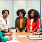 Diverse health leaders collaborating in a modern meeting.