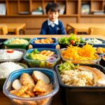 Japanese school lunch with colorful bento boxes in class.