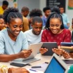African youth collaborating in a digital skills workshop.