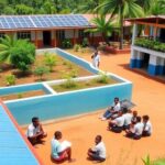 Climate-resilient school in Mozambique with students learning outdoors.