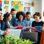 Diverse individuals collaborating in a bright, modern workspace.