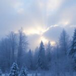 Winter landscape with snow-covered trees and sunlight.
