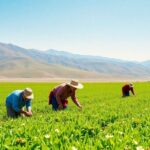 Kyrgyz farmers cultivating green fields with mountains behind.